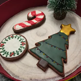 Bolachas de manteiga com cacau temáticas de Natal decoradas com glacé real de baunilha. - Bolos de aniversário no Porto | Bentô Cakes, Cake Design, Bolachas e Cupcakes | Porto | Sahri Dessert Art